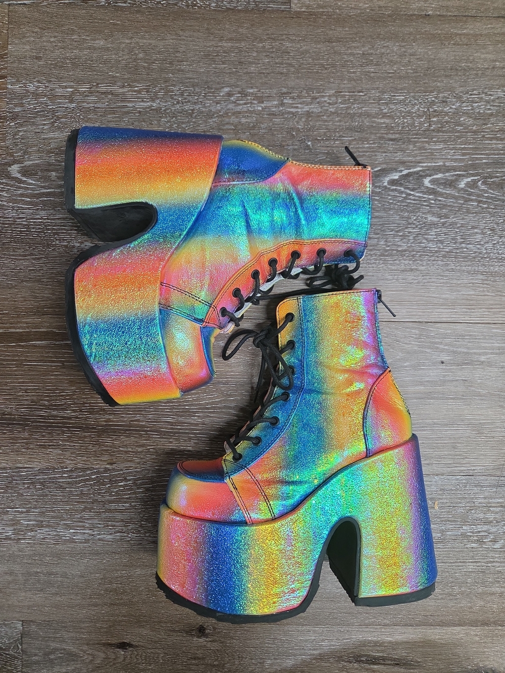 Demonia Womens Camel- 203 Iridescent Rainbow Platform Boots Size 6